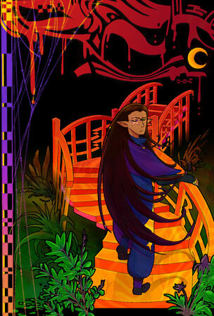 Example of $70 scene commission. Character belongs to tailoredcrow on bsky.